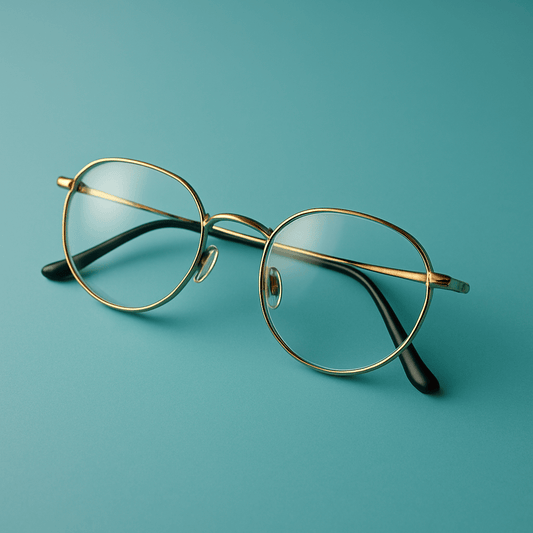 Goldene Metallbrille mit schwarzen Bügelenden auf einem matten, helltürkisfarbenen Hintergrund mit sanftem Farbverlauf.