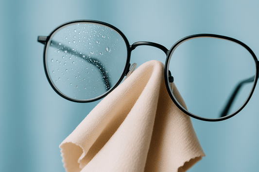 Nahaufnahme einer runden Metallbrille, deren linkes Glas mit feinen Wassertropfen bedeckt ist, während sie mit einem beigefarbenen Mikrofasertuch poliert wird, vor einem unscharfen, hellblauen Hintergrund.