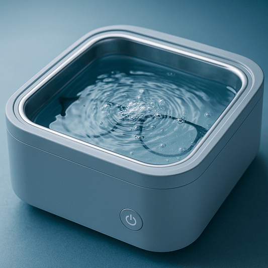 Nahaufnahme eines modernen, markenlosen Ultraschallreinigungsgeräts mit Wasser und leichten Blasen, in dem eine Brille gereinigt wird, vor blauem Hintergrund.