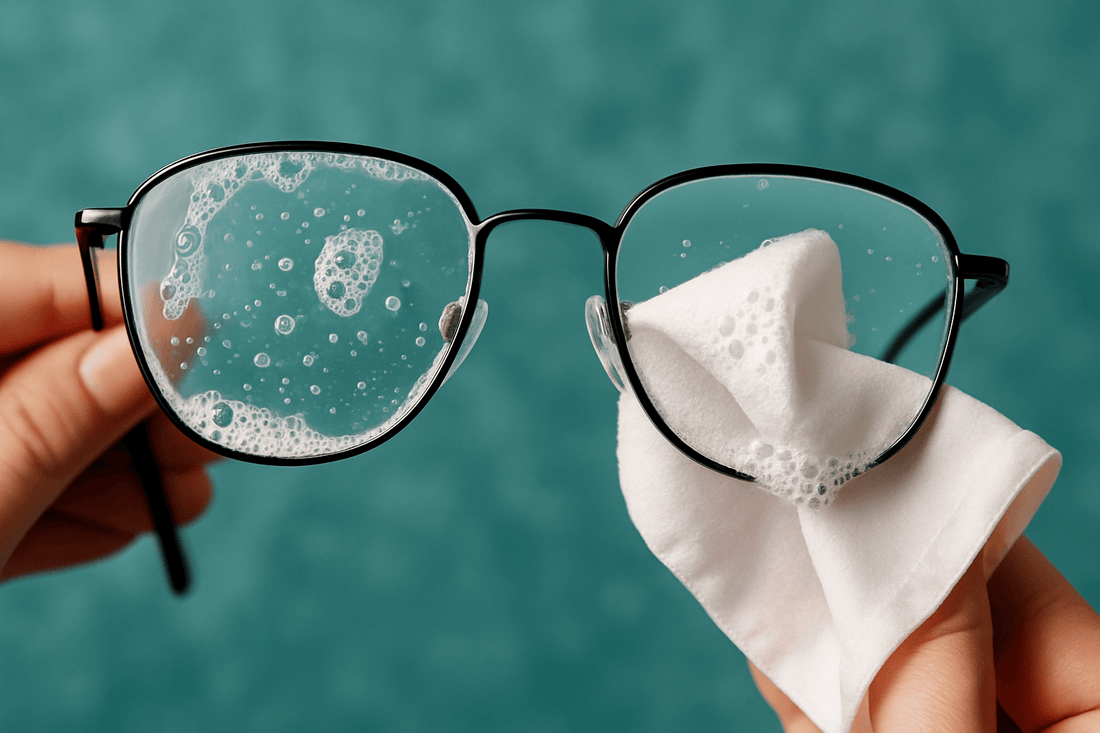 Nahaufnahme einer schwarzen Metallbrille, die mit weißen Seifenblasen und einem weißen Tuch gereinigt wird, vor einem unscharfen türkisfarbenen Hintergrund.