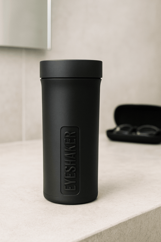 Schwarzer Eyeshaker auf heller Steinablage im Badezimmer, im Hintergrund unscharf ein geöffnetes schwarzes Brillenetui mit Brille.