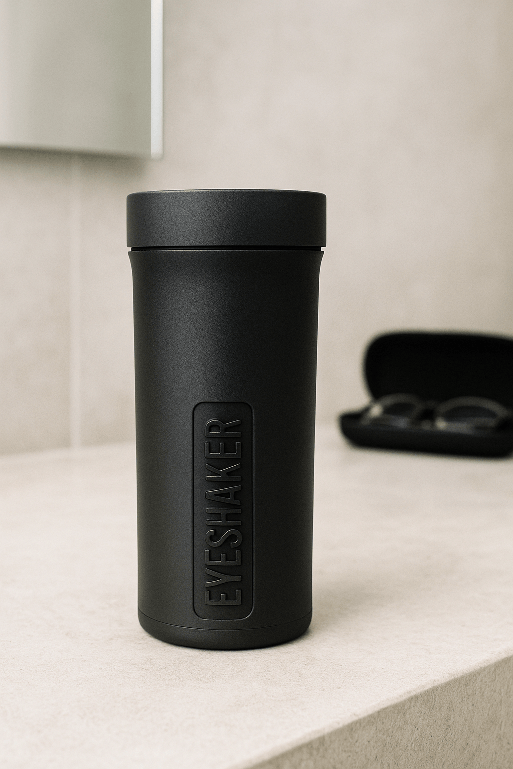 Schwarzer Eyeshaker auf heller Steinablage im Badezimmer, im Hintergrund unscharf ein geöffnetes schwarzes Brillenetui mit Brille.