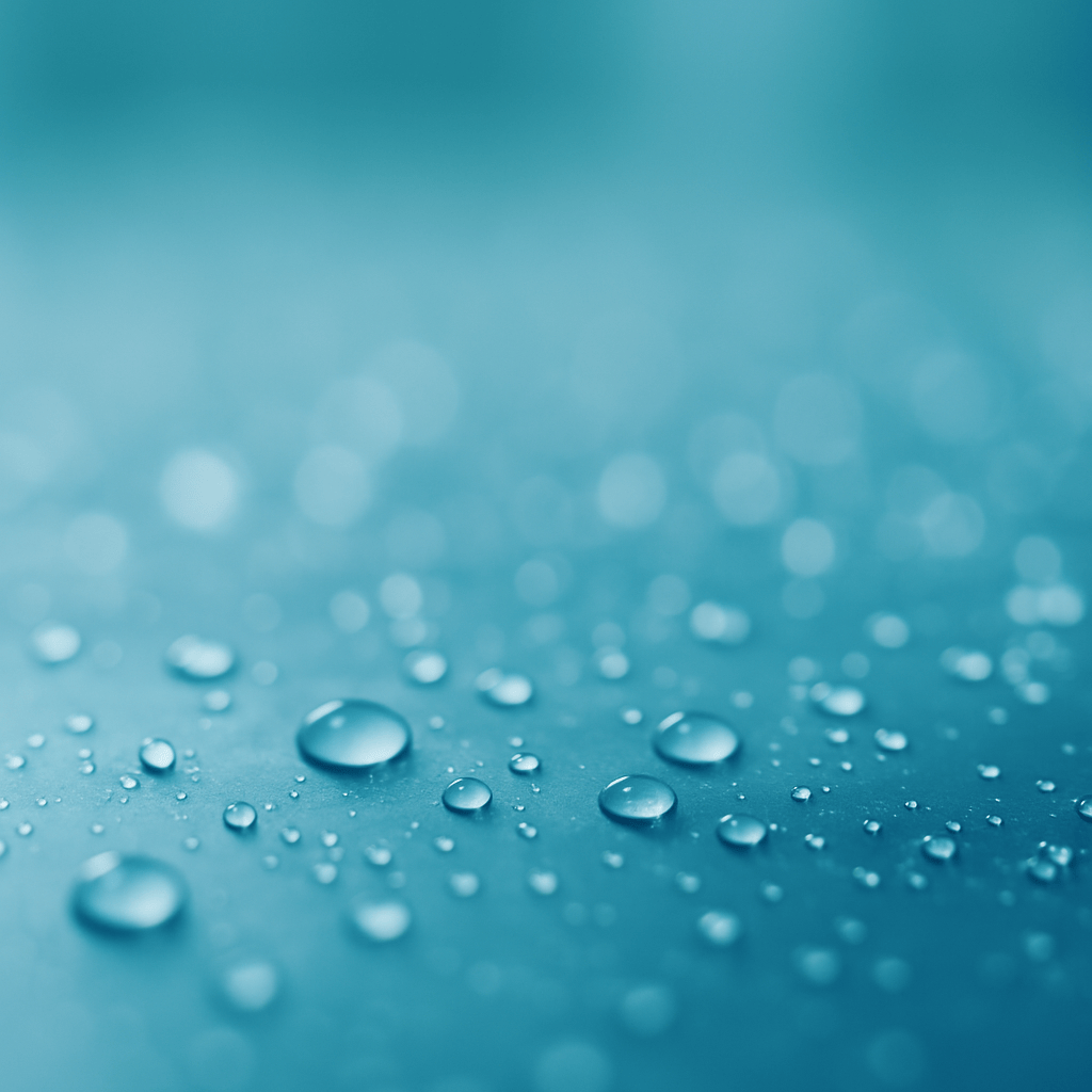 Nahaufnahme von Wassertropfen auf einer glatten Oberfläche, mit sanftem Farbverlauf von hellem Türkis zu tieferem Blau und weichem Bokeh im Hintergrund.